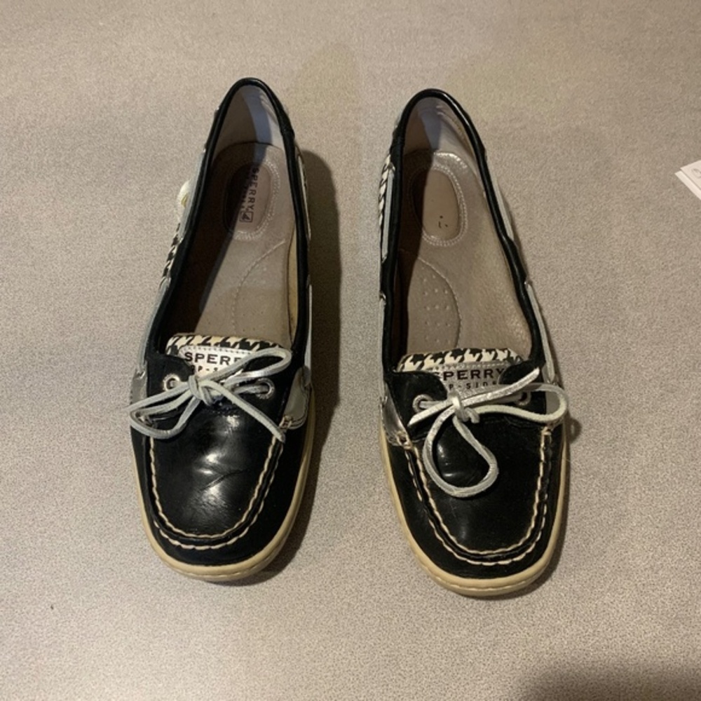 Sperry Black/Silver Angelfish Topsider Moccasin Shoes sz 8.5 M